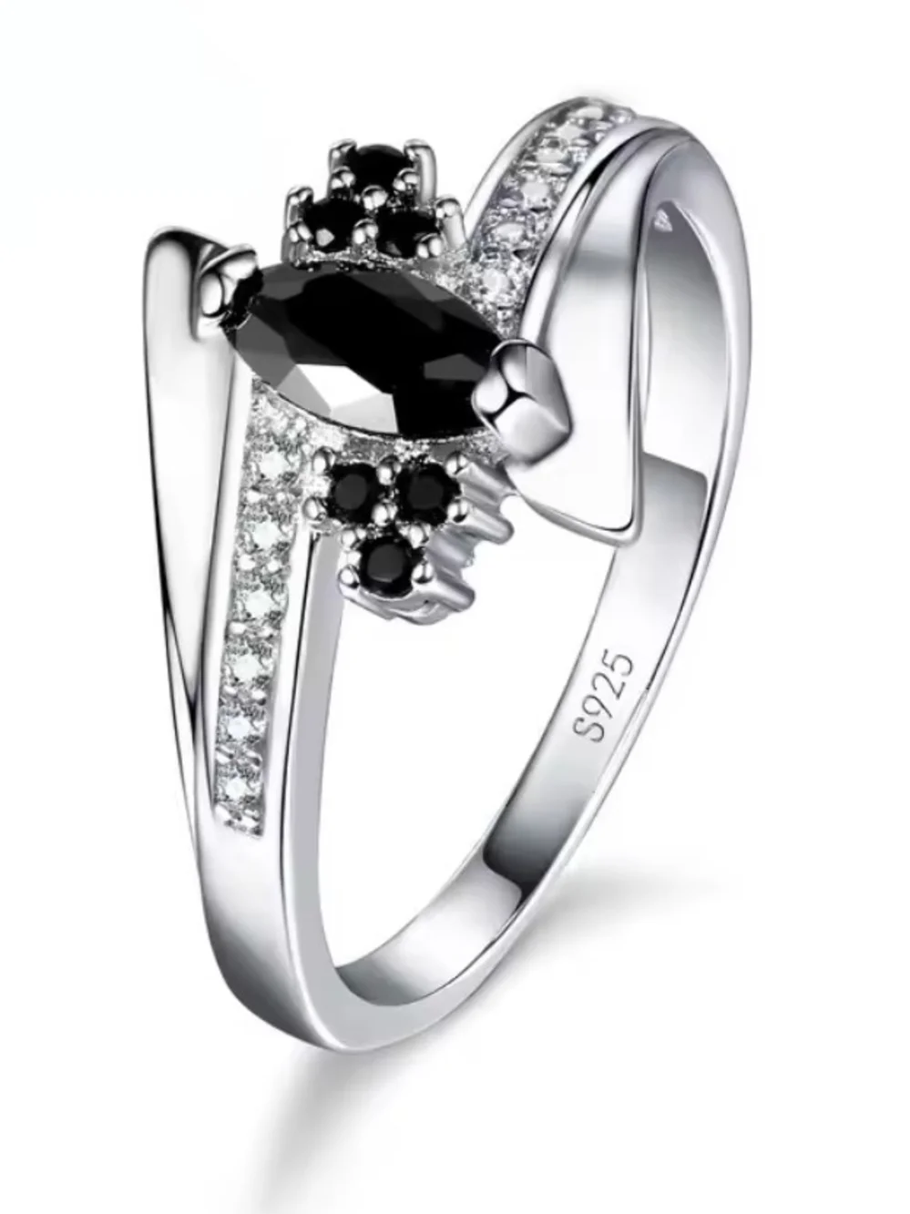 Sterling Silver Black Gemstone Ring - Elegant Women’s Fashion Ring